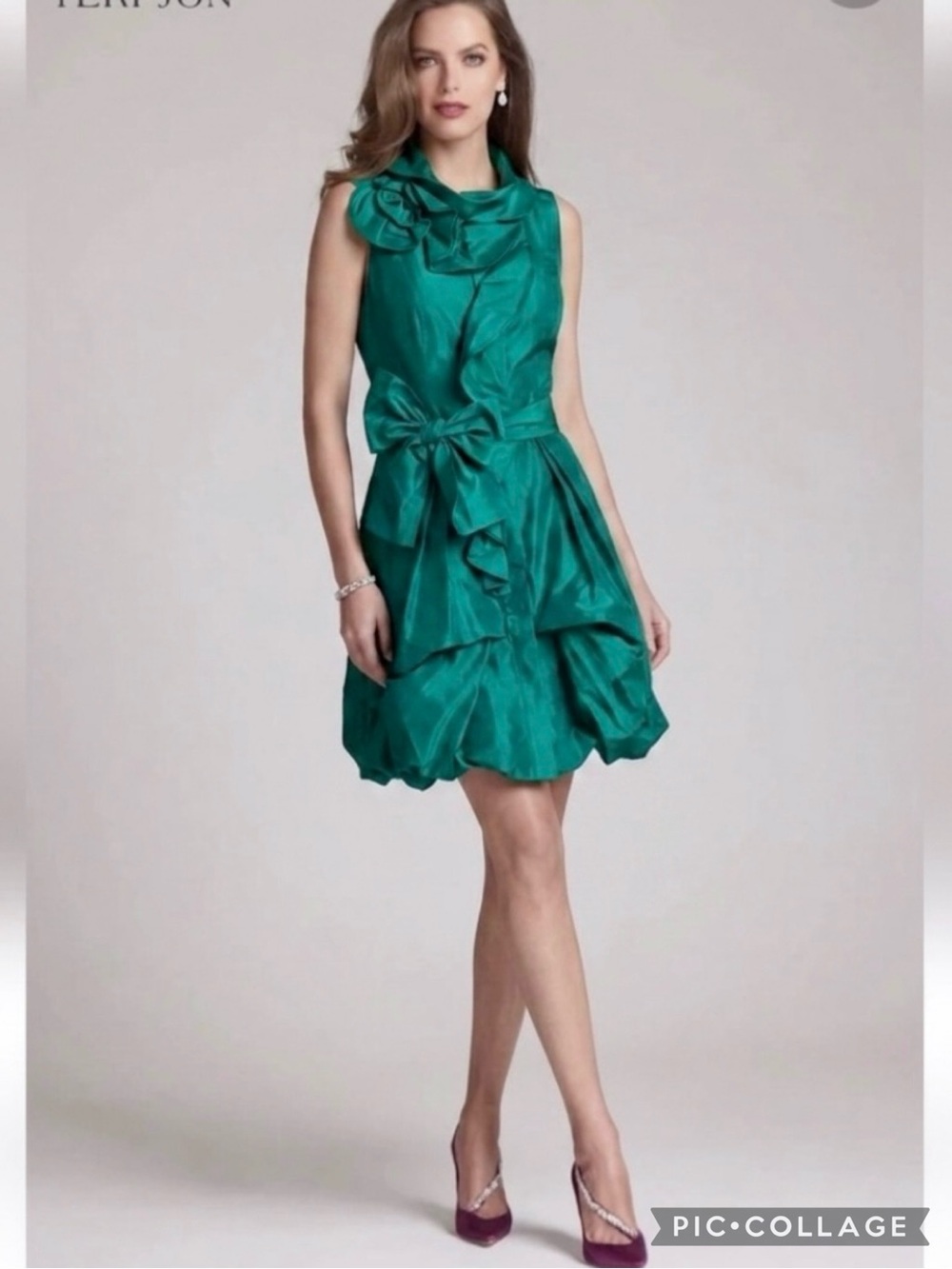 Rickie Freeman Teri Jon Teal Green Bubble Hem Ruffled Mini Silk Taffeta Dress 6